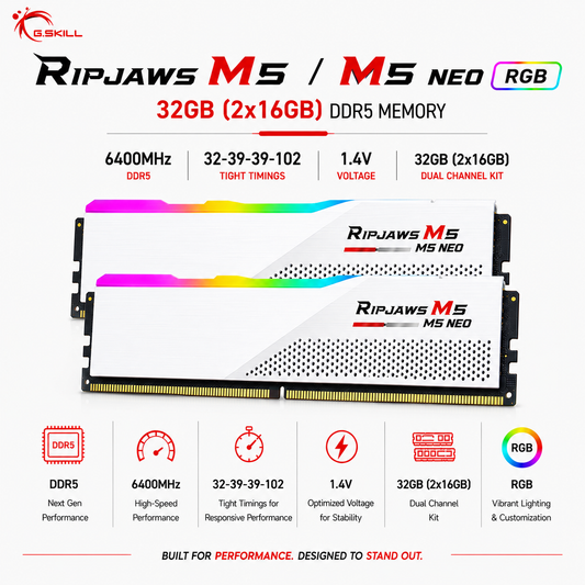 G.SKILL RIPJAWS M5/M5 NEO RGB 32GB(2x16GB) 6400MHz DDR5 32-39-39-102 1.4V - White (F5-6400J3239G16GX2-RM5RW)