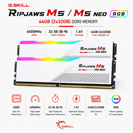 G.SKILL RIPJAWS M5/M5 NEO RGB 64GB(2x32GB) 6000MHz DDR5 32-38-38-96 1.4V - White (F5-6000J3238G32GX2-RM5RW)