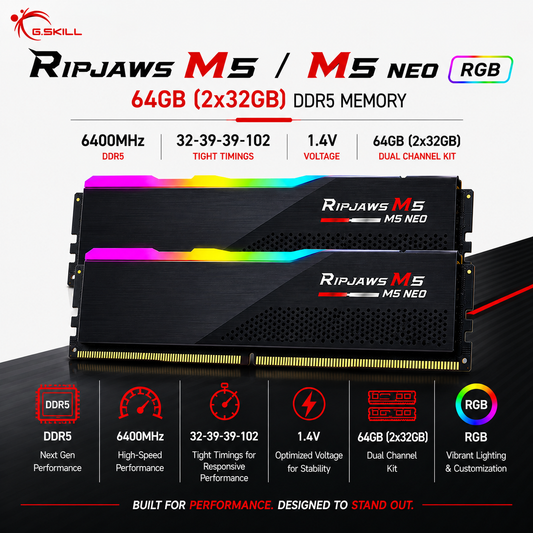 G.SKILL RIPJAWS M5/M5 NEO RGB 64GB(2x32GB) 6400MHz DDR5 32-39-39-102 1.4V - Black (F5-6400J3239G32GX2-RM5RK)