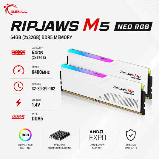 G.SKILL RIPJAWS M5/M5 NEO RGB 64GB(2x32GB) 6400MHz DDR5 32-39-39-102 1.4V - White (F5-6400J3239G32GX2-RM5RW)