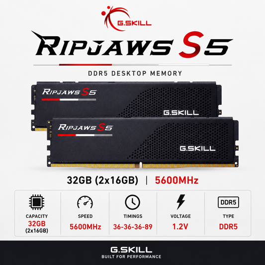 G.SKILL RIPJAWS S5 32GB(2x16GB) 5600MHz DDR5 36-36-36-89 1.2V - Black (F5-5600J3636C16GX2-RS5K)