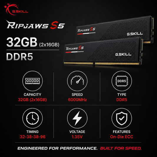 G.SKILL RIPJAWS S5 32GB(2x16GB) 6000MHz DDR5 32-38-38-96 1.35V - Black (F5-6000J3238F16GX2-RS5K)