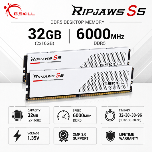G.SKILL RIPJAWS S5 32GB(2x16GB) 6000MHz DDR5 32-38-38-96 1.35V - White (F5-6000J3238F16GX2-RS5W)