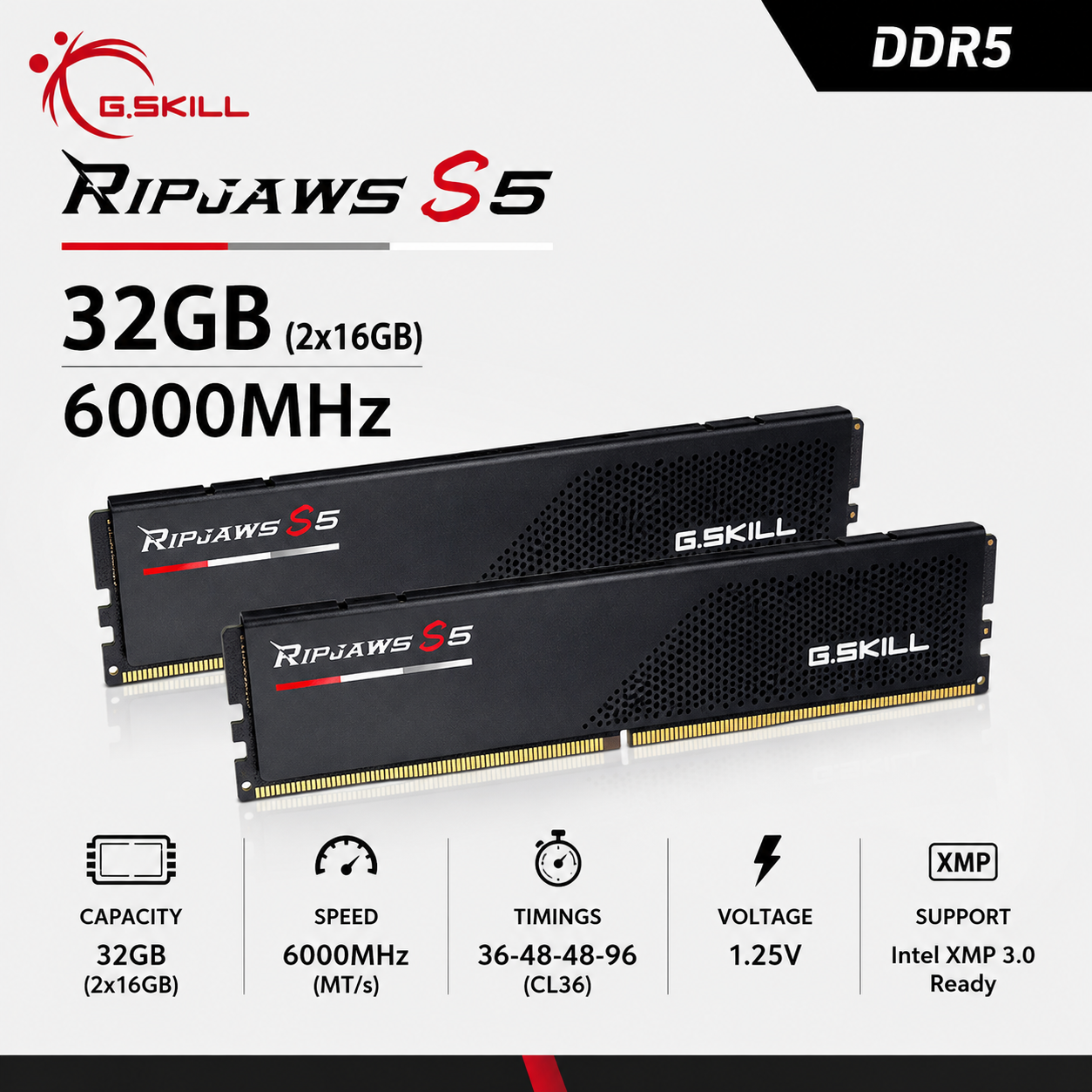 G.SKILL RIPJAWS S5 32GB(2x16GB) 6000MHz DDR5 36-48-48-96 1.25V - Black (F5-6000J3648D16GX2-RS5K)