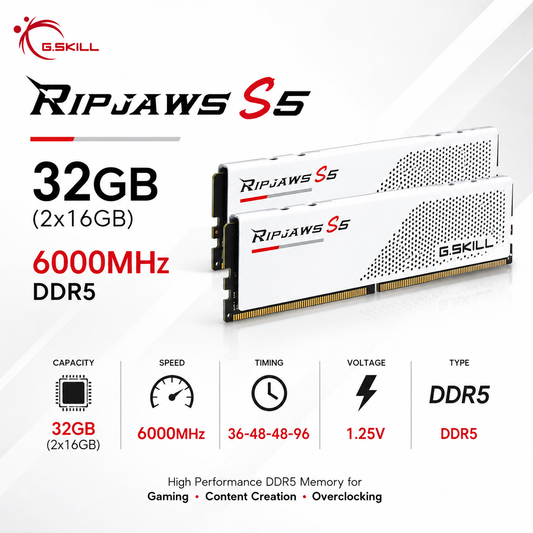 G.SKILL RIPJAWS S5 32GB(2x16GB) 6000MHz DDR5 36-48-48-96 1.25V - White (F5-6000J3648D16GX2-RS5W)