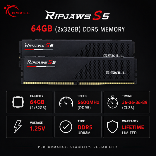 G.SKILL RIPJAWS S5 64GB(2x32GB) 5600MHz DDR5 36-36-36-89 1.25V - Black (F5-5600J3636D32GX2-RS5K)