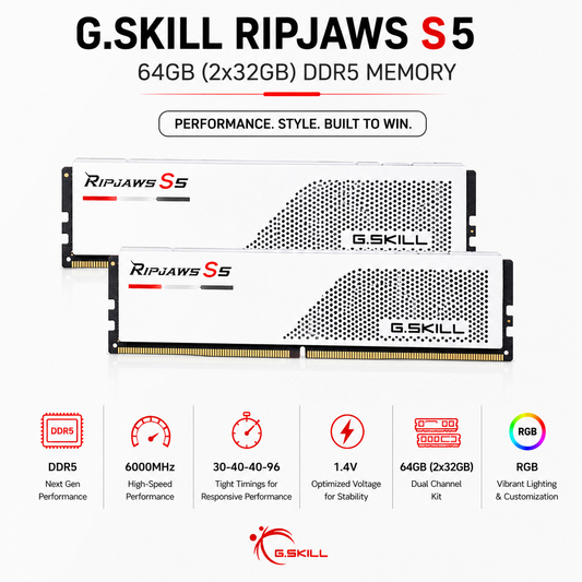 G.SKILL RIPJAWS S5 64GB(2x32GB) 6000MHz DDR5 30-40-40-96 1.4V - White (F5-6000J3040G32GX2-RS5W)