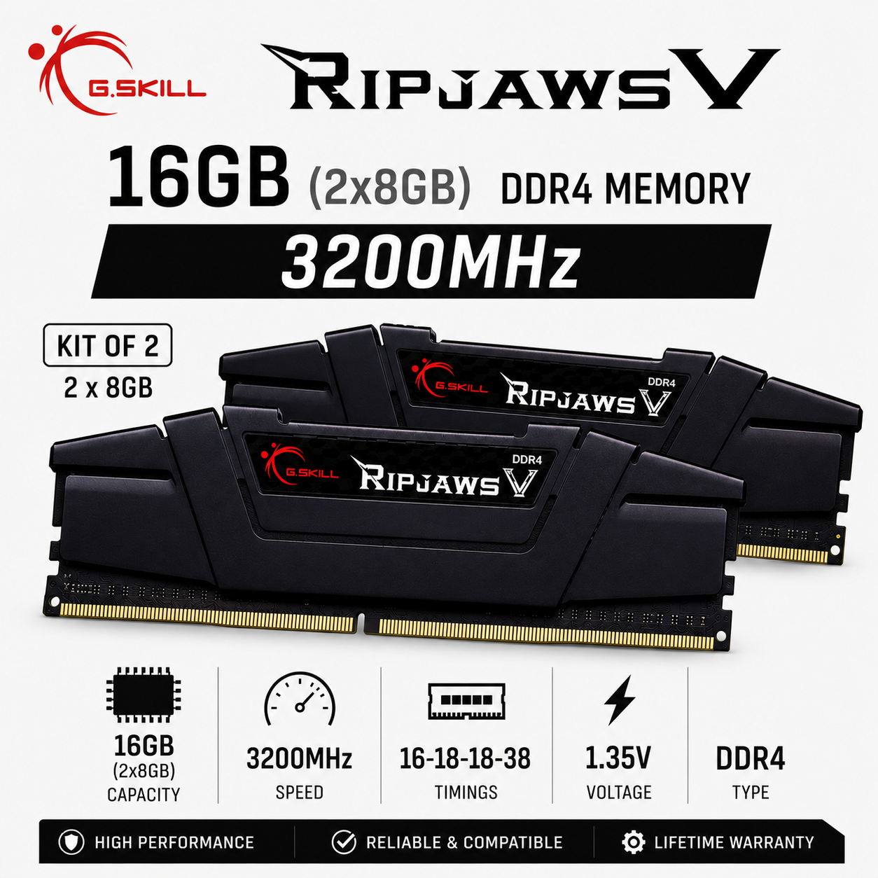 G.SKILL RIPJAWS V 16GB(2x8GB) 3200MHz DDR4 16-18-18-38 1.35V - Black (F4-3200C16D-16GVK)