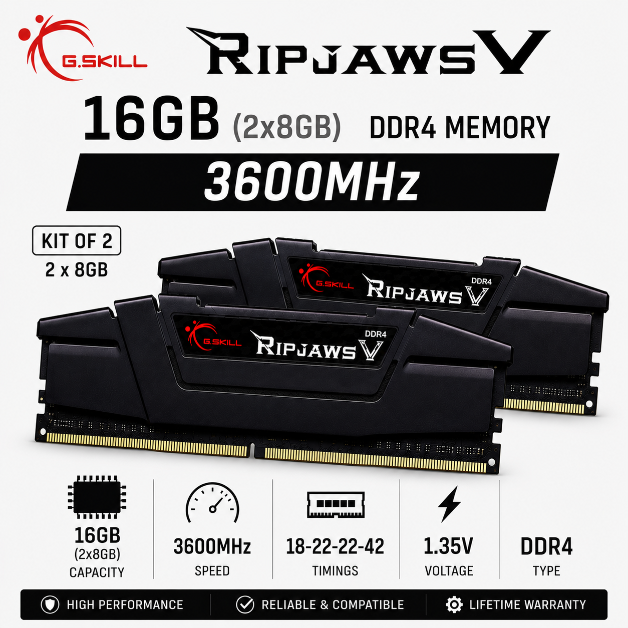 G.SKILL RIPJAWS V 16GB(2x8GB) 3600MHz DDR4 18-22-22-42 1.35V - Black (F4-3600C18D-16GVK)