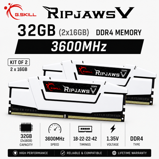 G.SKILL RIPJAWS V 32GB(2x16GB) 3600MHz DDR4 18-22-22-42 1.35V - White (F4-3600C18D-32GVW)
