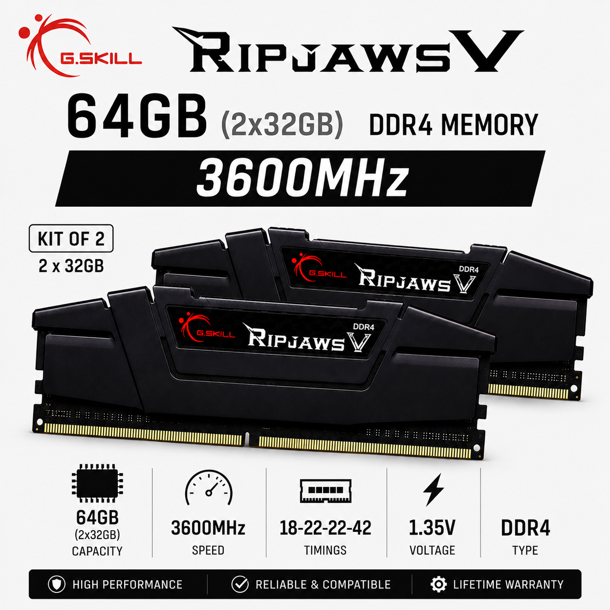G.SKILL RIPJAWS V 64GB(2x32GB) 3600MHz DDR4 18-22-22-42 1.35V - Black (F4-3600C18D-64GVK)