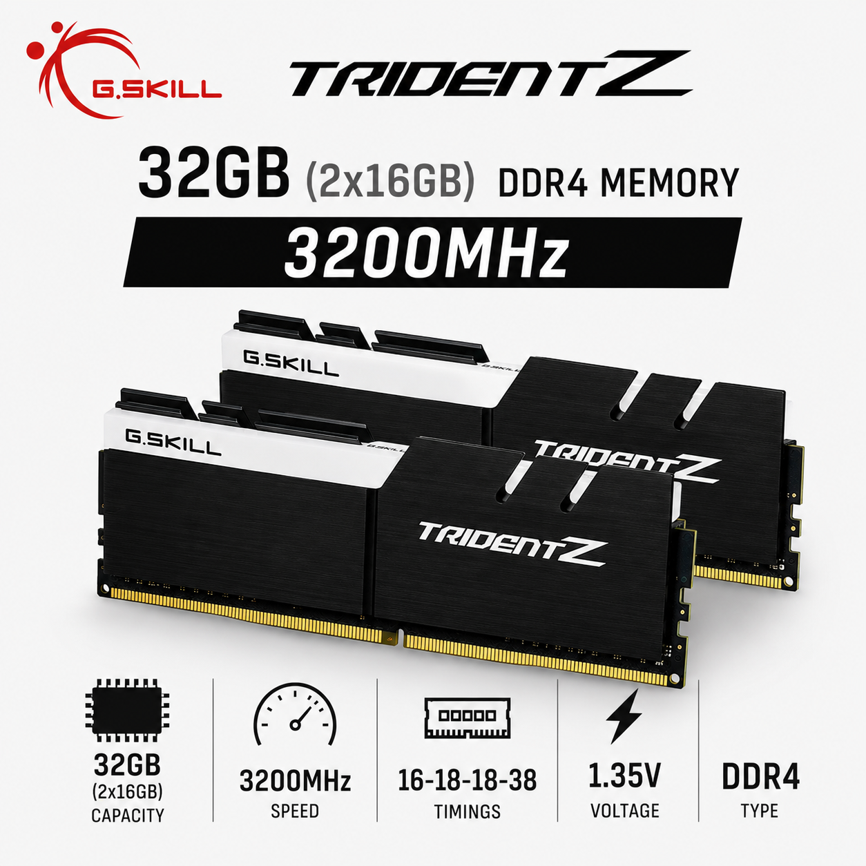 G.SKILL TRIDENT Z 32GB(2x16GB) 3200MHz DDR4 16-18-18-38 1.35V - Black/White (F4-3200C16D-32TZKW)
