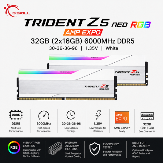 G.SKILL TRIDENT Z5 NEO RGB AMP EXPO 32GB(2x16GB) 6000MHz DDR5 30-36-36-96 1.35V - White (F5-6000J3036F16GX2-TZ5NRW)