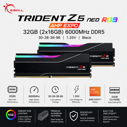 G.SKILL TRIDENT Z5 NEO RGB AMP EXPO 32GB(2x16GB) 6000MHz DDR5 30-38-38-96 1.35V - Black (F5-6000J3038F16GX2-TZ5NR)
