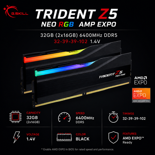 G.SKILL TRIDENT Z5 NEO RGB AMP EXPO 32GB(2x16GB) 6400MHz DDR5 32-39-39-102 1.4V - Black (F5-6400J3239G16GX2-TZ5NR)
