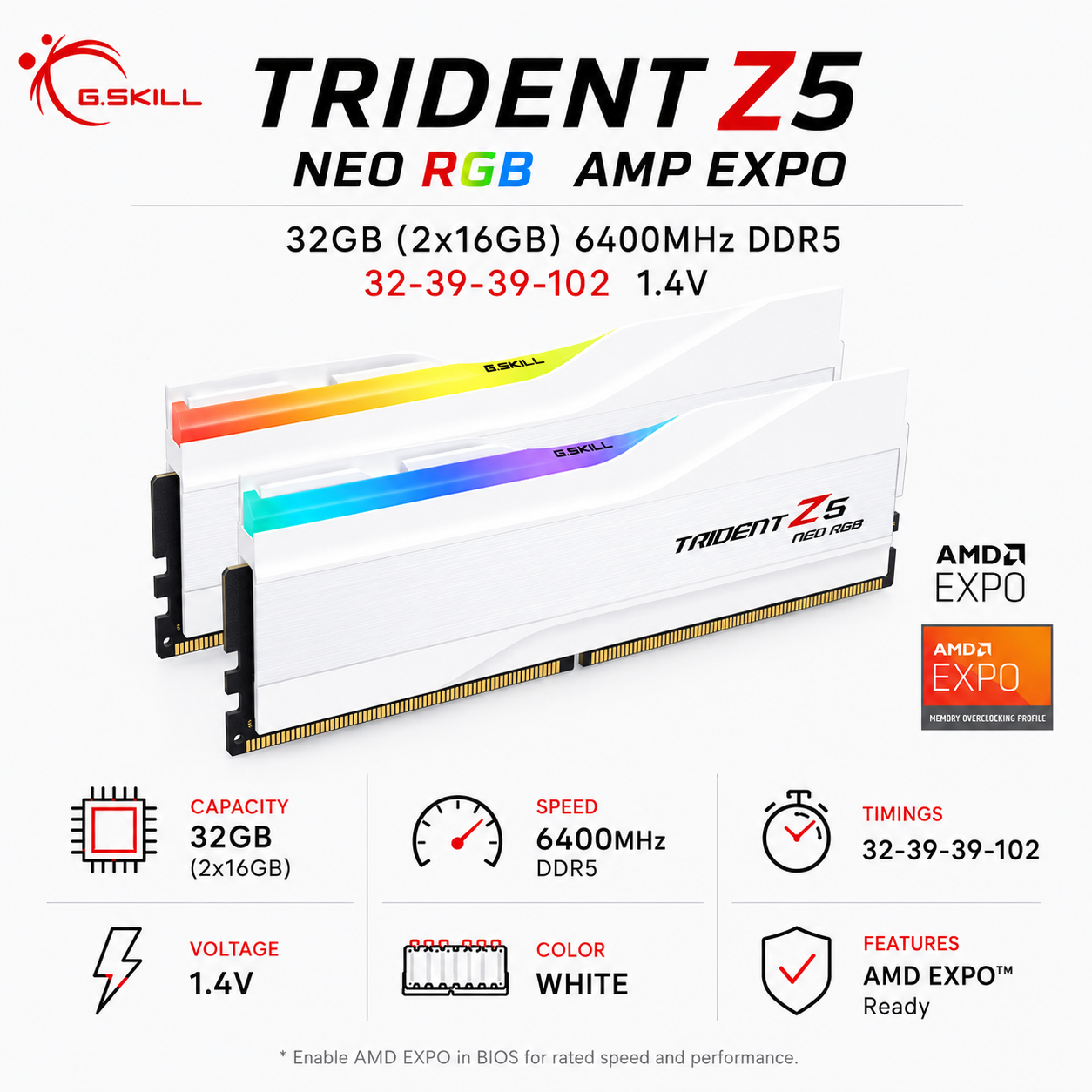 G.SKILL TRIDENT Z5 NEO RGB AMP EXPO 32GB(2x16GB) 6400MHz DDR5 32-39-39-102 1.4V - White (F5-6400J3239G16GX2-TZ5NRW)