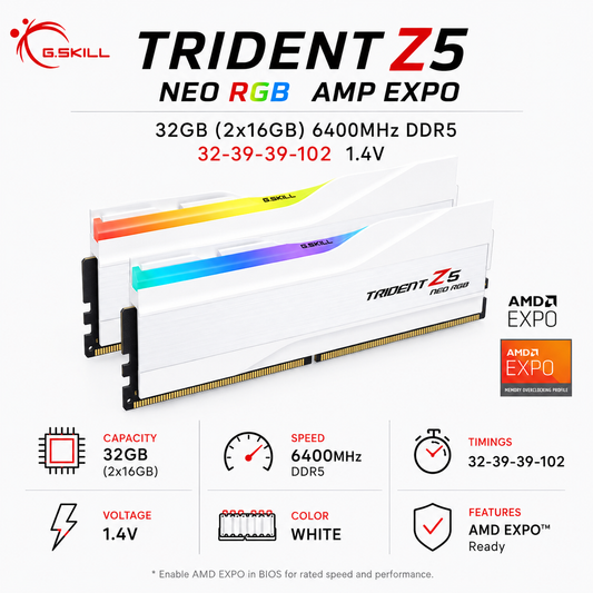 G.SKILL TRIDENT Z5 NEO RGB AMP EXPO 32GB(2x16GB) 6400MHz DDR5 32-39-39-102 1.4V - White (F5-6400J3239G16GX2-TZ5NRW)