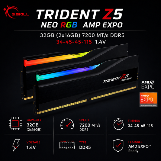G.SKILL TRIDENT Z5 NEO RGB AMP EXPO 32GB(2x16GB) 7200 MT/s DDR5 34-45-45-115 1.4V - Black (F5-7200J3445G16GX2-TZ5NR)