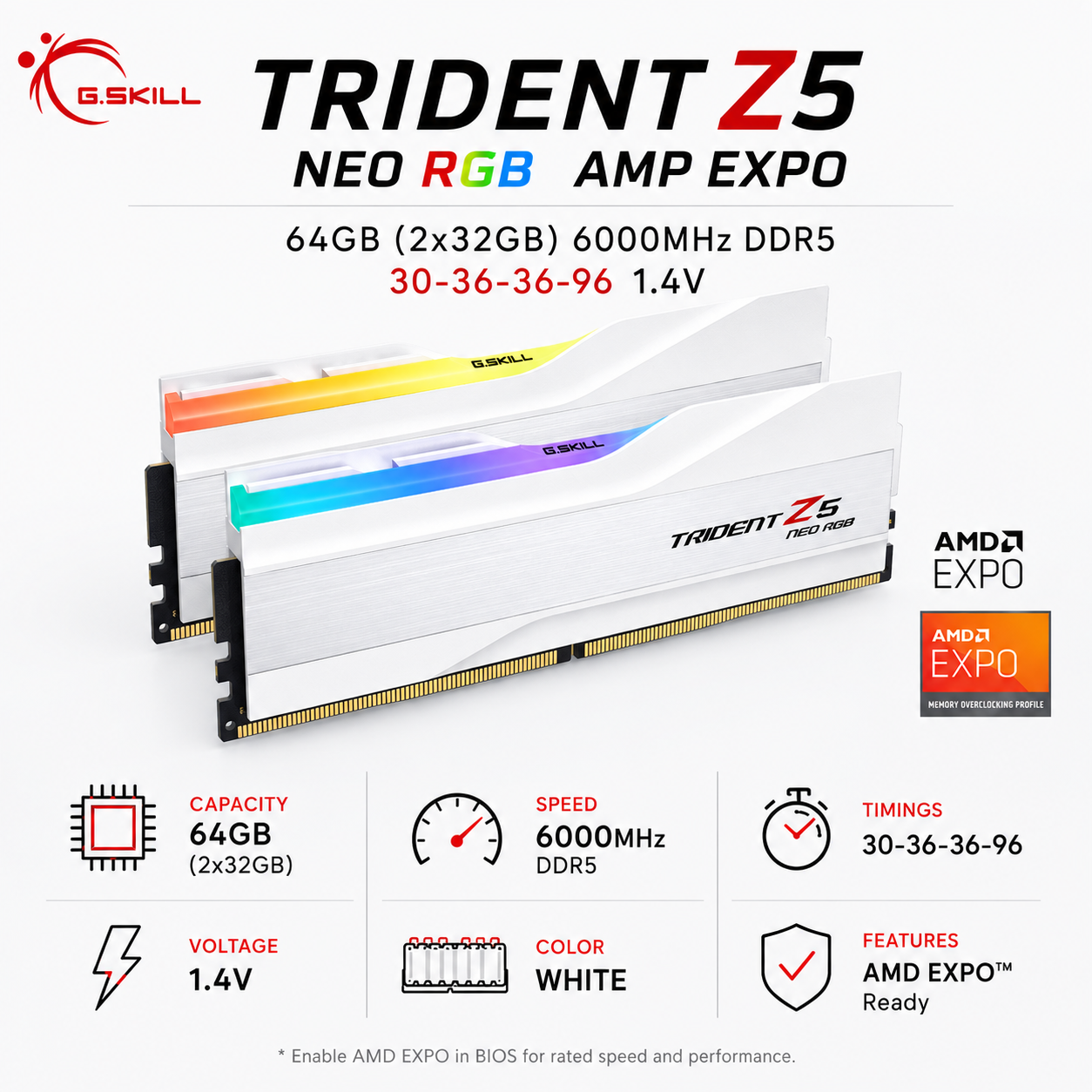 G.SKILL TRIDENT Z5 NEO RGB AMP EXPO 64GB(2x32GB) 6000MHz DDR5 30-36-36-96 1.4V - White (F5-6000J3040G32GX2-TZ5NR)