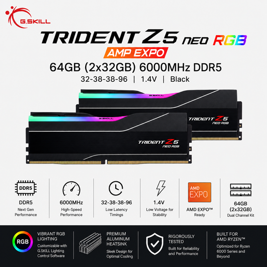 G.SKILL TRIDENT Z5 NEO RGB AMP EXPO 64GB(2x32GB) 6000MHz DDR5 32-38-38-96 1.4V - Black (F5-6000J3238G32GX2-TZ5NR)