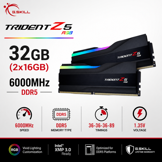 G.SKILL TRIDENT Z5 RGB 32GB(2x16GB) 6000MHz DDR5 36-36-36-89 1.35V - Black (F5-6000J3636F16GX2-TZ5RK)