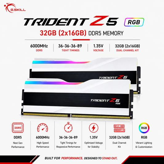 G.SKILL TRIDENT Z5 RGB 32GB(2x16GB) 6000MHz DDR5 36-36-36-89 1.35V - White (F5-6000J3636F16GX2-TZ5RW)