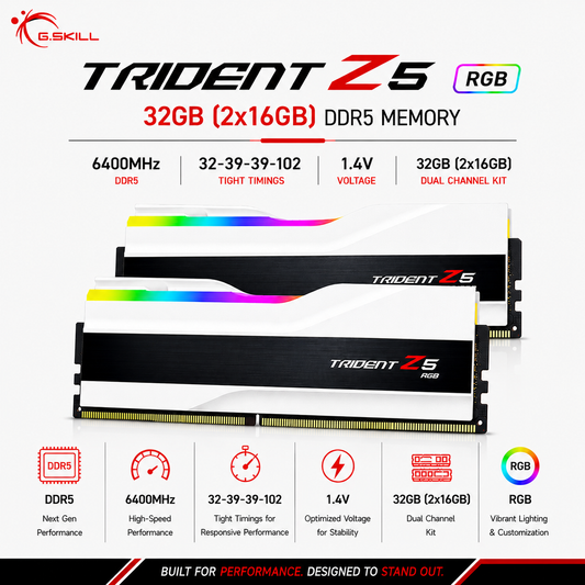 G.SKILL TRIDENT Z5 RGB 32GB(2x16GB) 6400MHz DDR5 32-39-39-102 1.4V - White (F5-6400J3239G16GX2-TZ5RW)