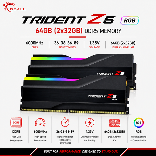 G.SKILL TRIDENT Z5 RGB 64GB(2x32GB) 6000MHz DDR5 36-36-36-89 1.35V - Black (F5-6000J3636F32GX2-TZ5RK)