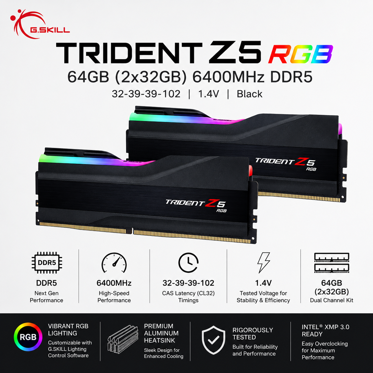 G.SKILL TRIDENT Z5 RGB 64GB(2x32GB) 6400MHz DDR5 32-39-39-102 1.4V - Black (F5-6400J3239G32GX2-TZ5RK)
