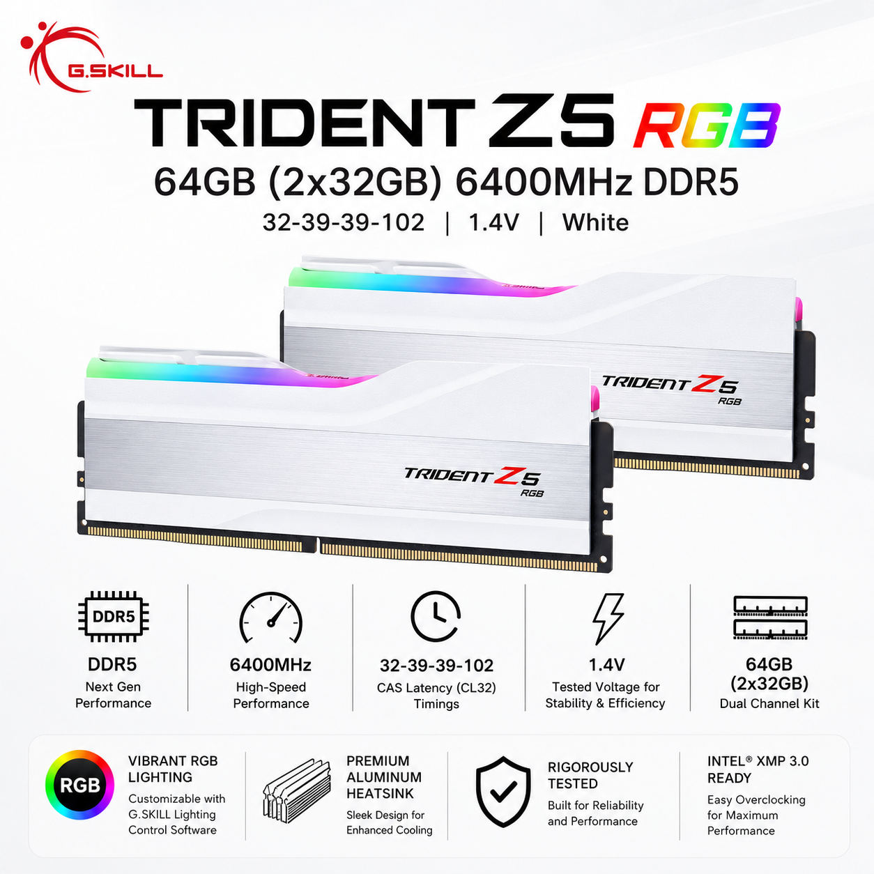 G.SKILL TRIDENT Z5 RGB 64GB(2x32GB) 6400MHz DDR5 32-39-39-102 1.4V - White (F5-6400J3239G32GX2-TZ5RW)