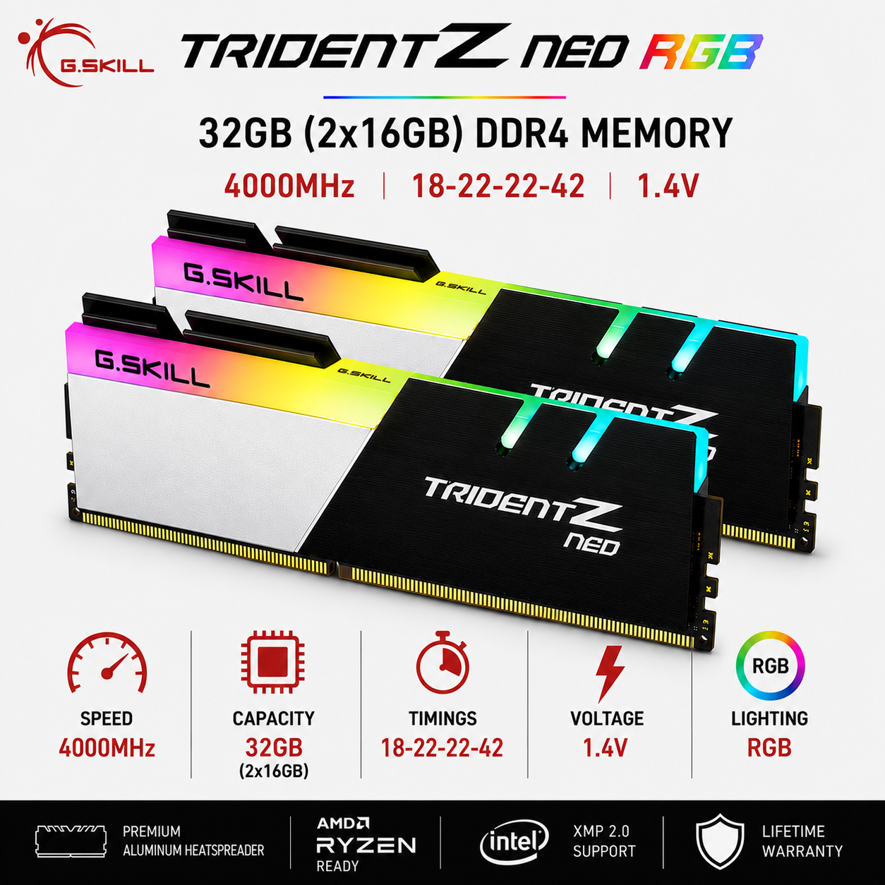 G.SKILL TRIDENT Z NEO RGB 32GB(2x16GB) 4000MHz DDR4 18-22-22-42 1.4V - Black (F4-4000C18D-32GTZN)