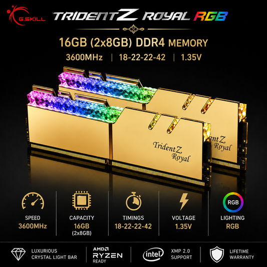 G.SKILL TRIDENT Z ROYAL RGB 16GB(2x8GB) 3600MHz DDR4 18-22-22-42 1.35V - Gold (F4-3600C18D-16GTRG)