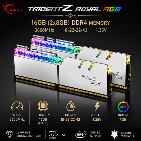 G.SKILL TRIDENT Z ROYAL RGB 16GB(2x8GB) 3600MHz DDR4 18-22-22-42 1.35V - Silver (F4-3600C18D-16GTRS)