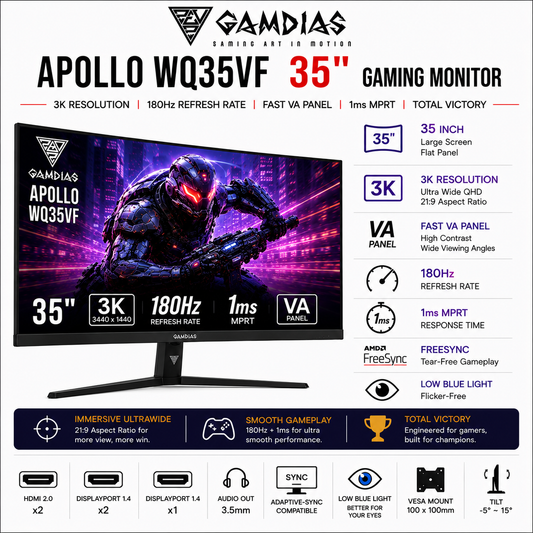 GAMDIAS APOLLO WQ35VF 35" VA 180HZ Flat 3k Resolution 1ms (HD238F)