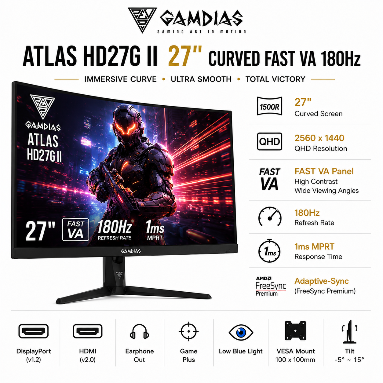 GAMDIAS ATLAS HD27G II 27" Curved Fast VA 180Hz 1ms (HD27G)