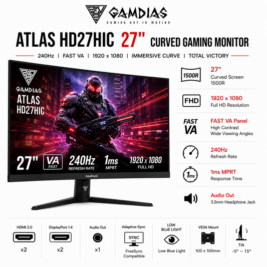 GAMDIAS ATLAS HD27HIC 27" 240hz VA 1920*1080 Curved 2 HDMI + 2 DP+Audio out (HD27HIC)