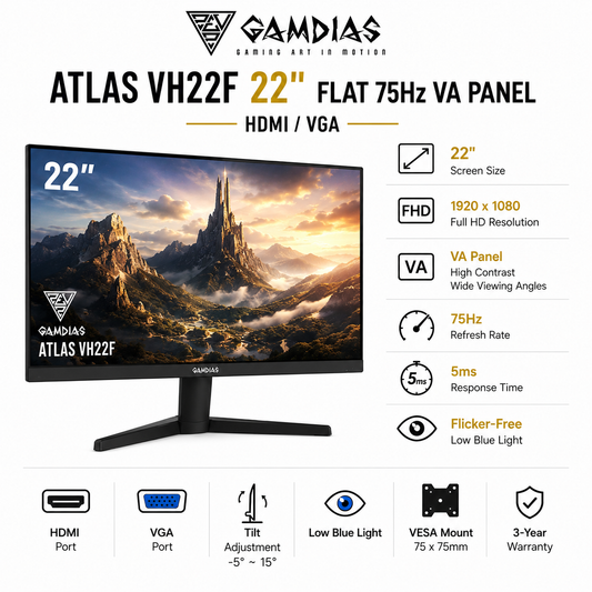 GAMDIAS ATLAS VH22F 22" FLAT 75hz VA Panel HDMI/VGA (VH22F)