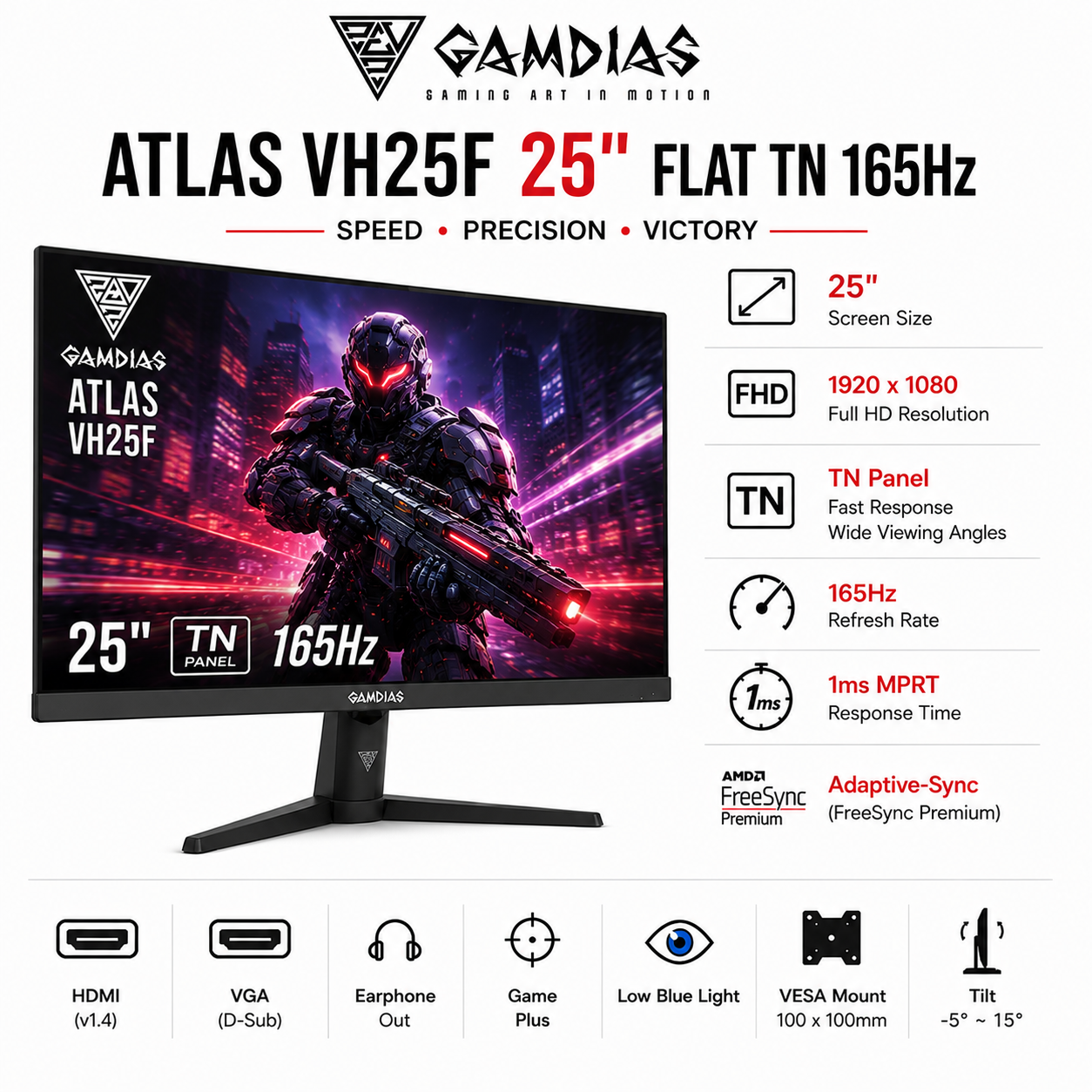 GAMDIAS ATLAS VH25F 25" Flat TN 165Hz (VH25F)