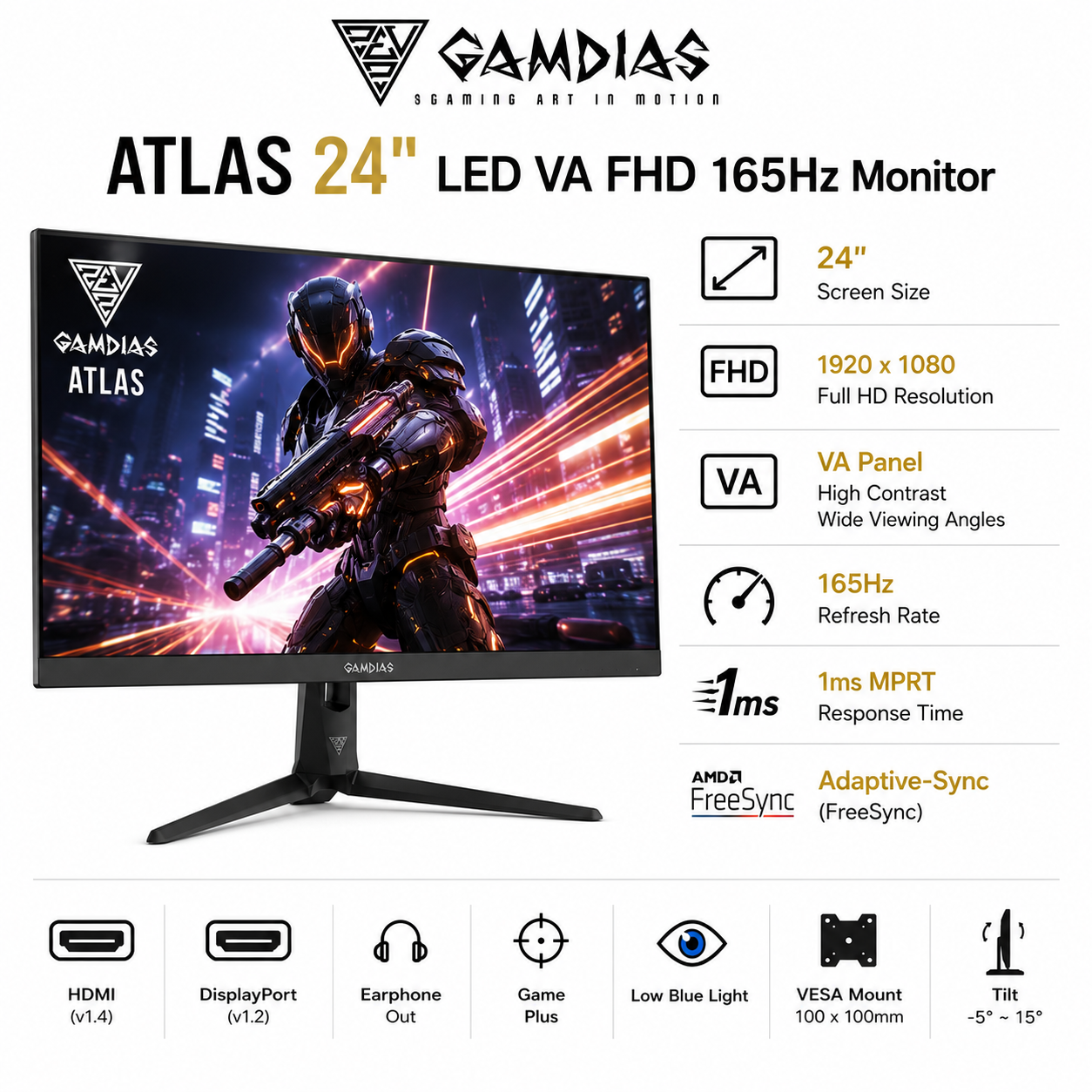 GAMDIAS Atlas 24" LED VA FHD 165Hz Monitor (27F2I)