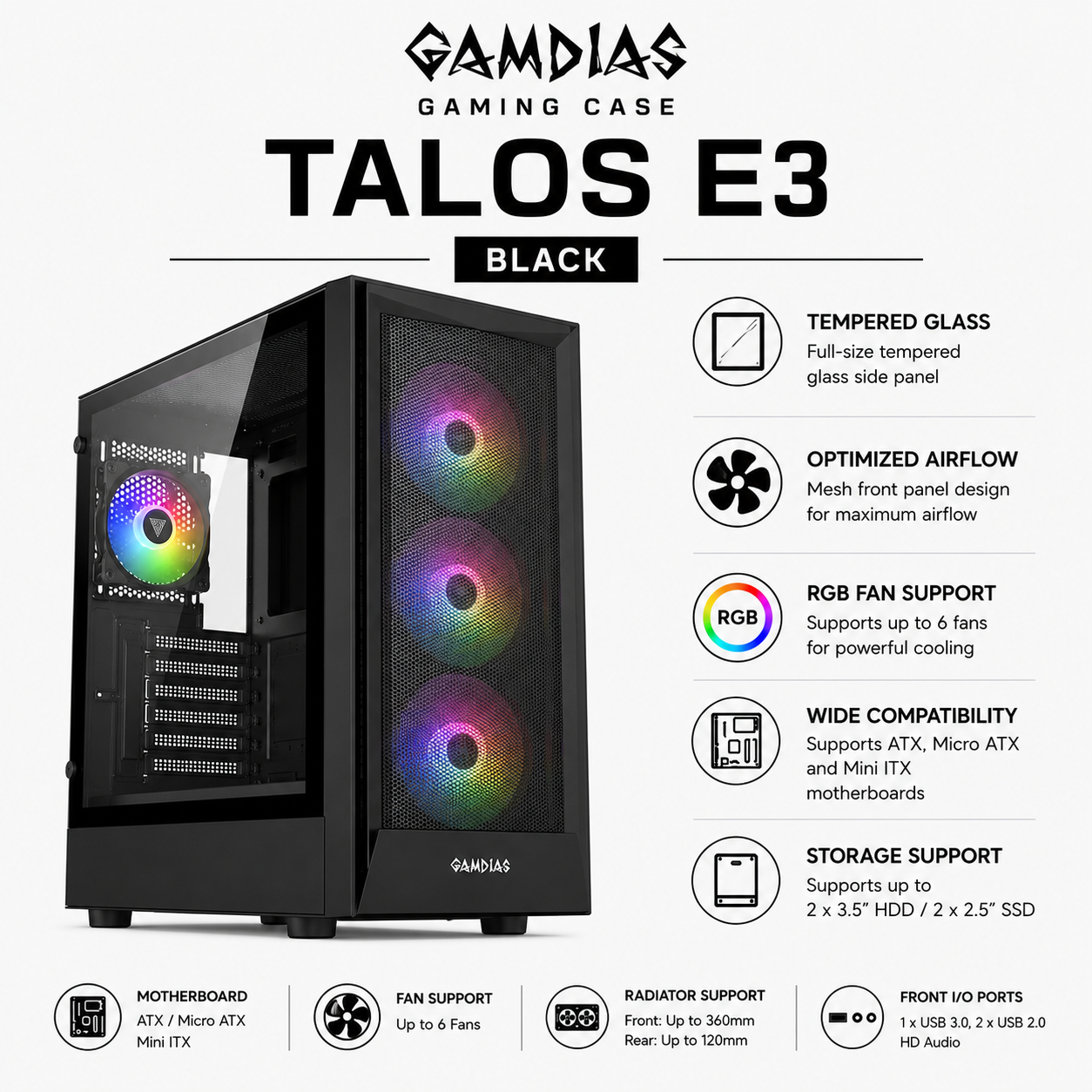 GAMDIAS GAMING CASE TALOS E3 Black (TALOS-E3-BK)