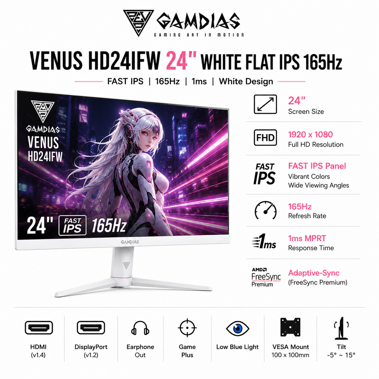 GAMDIAS VENUS HD24IFW 24" White color Flat IPS 165Hz (HD24IFW)