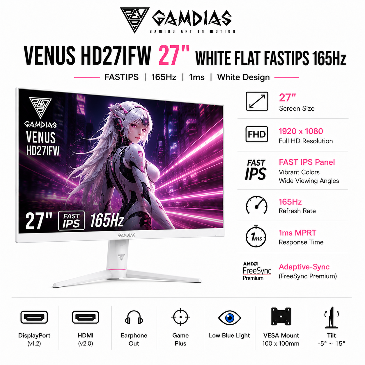 GAMDIAS VENUS HD27IFW 27" White color Flat FastIPS 165Hz (HD27IFW)