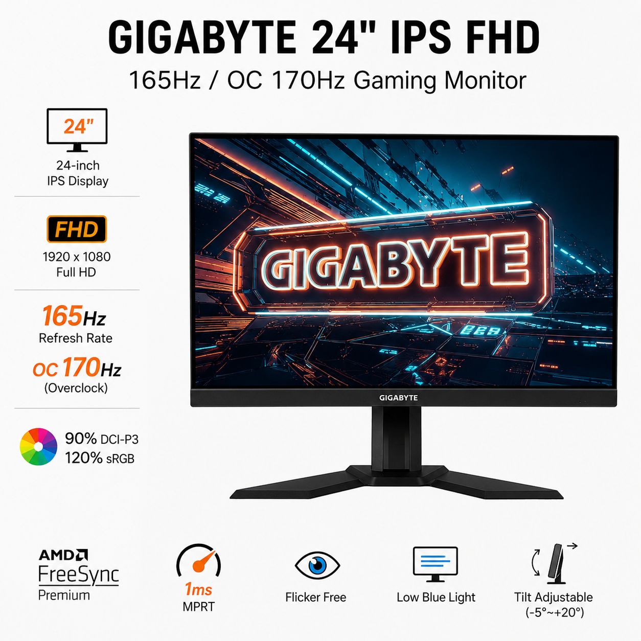 GIGABYTE 24" IPS FHD 165Hz/OC 170HZ 90% DCI-P3/120% sRGB FREESYNC PREMIUM (G24F-2)