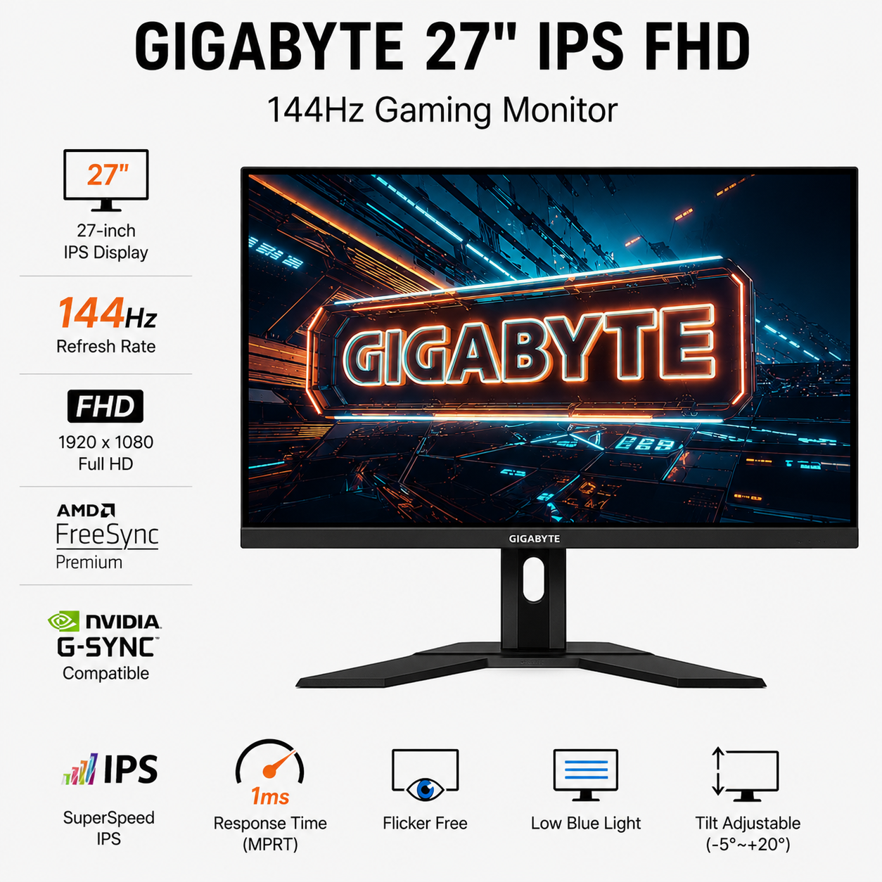 GIGABYTE 27" IPS FHD 144Hz Freesync/Gsync Gaming Monitor (G27F)