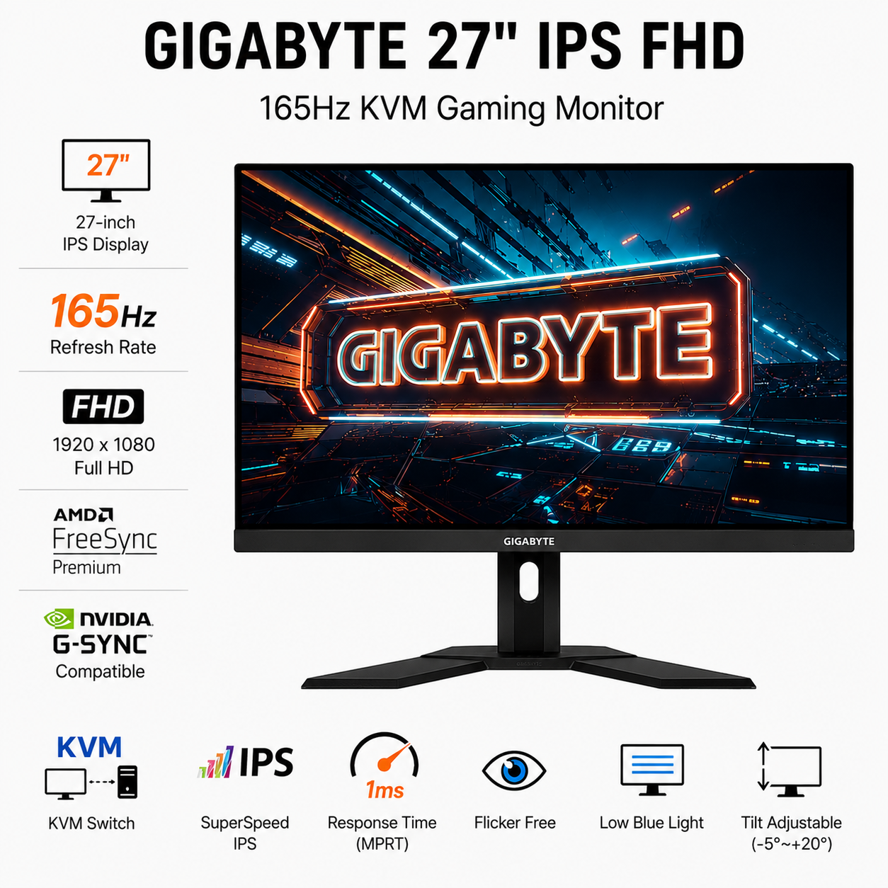 GIGABYTE 27" IPS FHD 165Hz Freesync/Gsync KVM Gaming Monitor (G27FC)