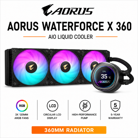 GIGABYTE AORUS WATERFORCE X 360 AIO W/ CIRCULAR LCD DISPLAY 3X120MM ARGB FAN (GP-AORUS-WATERFORCE-X-360)