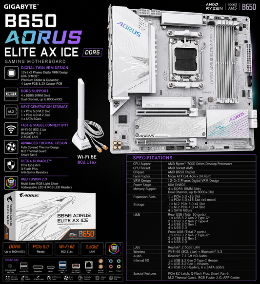 GIGABYTE B650 AORUS ELITE AX ICE WHITE (B650-AORUS-ELITE-AX-ICE)