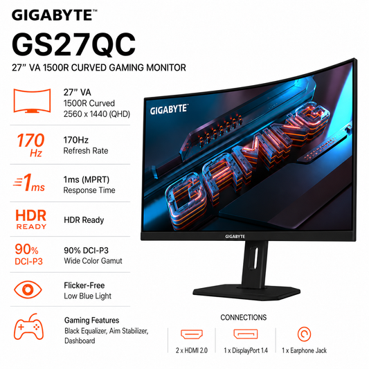 GIGABYTE GS27QC 27" VA 1500R CURVED GAMING MONITOR (GP-GS27QC-AP)