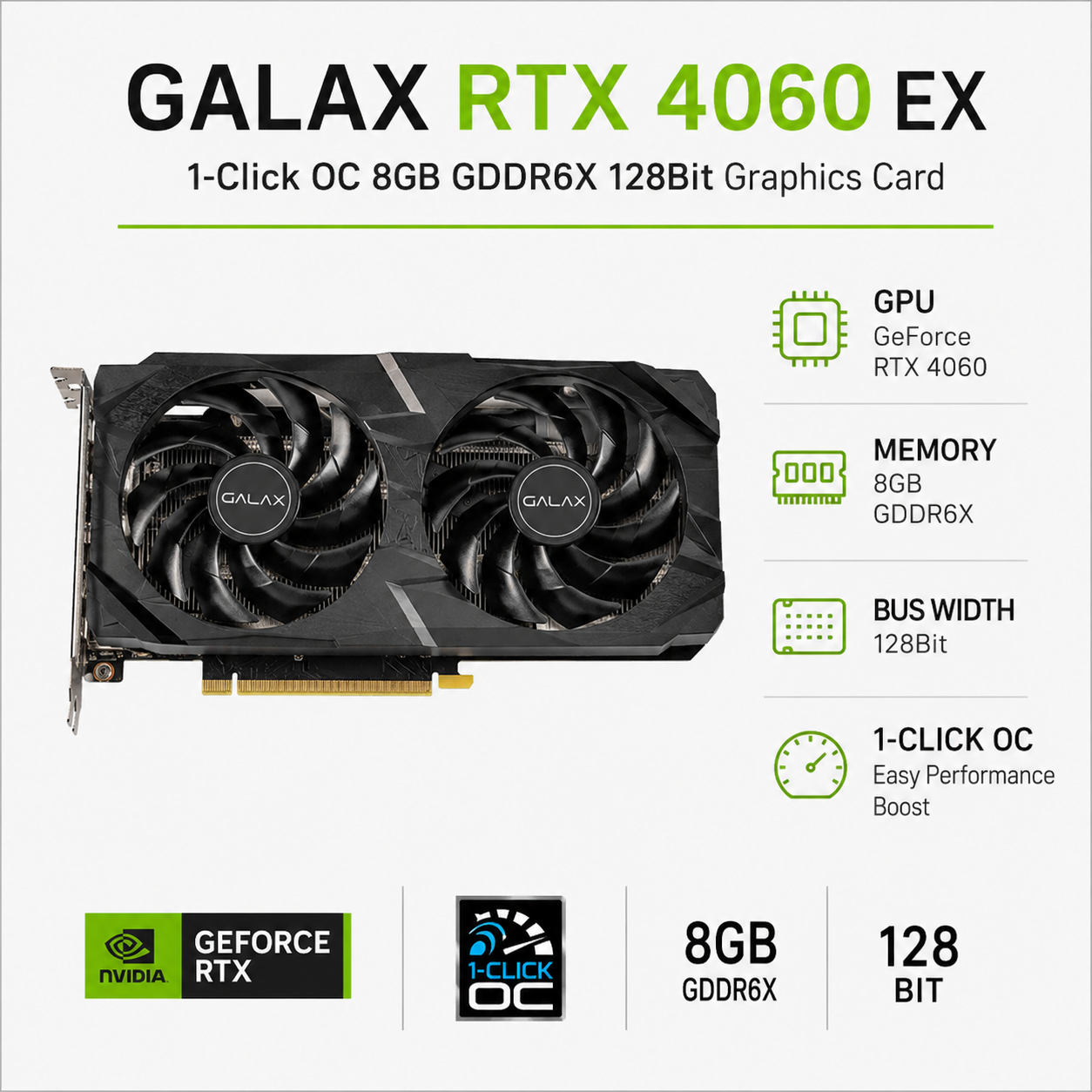 Galax RTX 4060 EX 1-Click OC 8GB GDDR6X 128Bit Graphics Card (46NSL8MD8LOC)