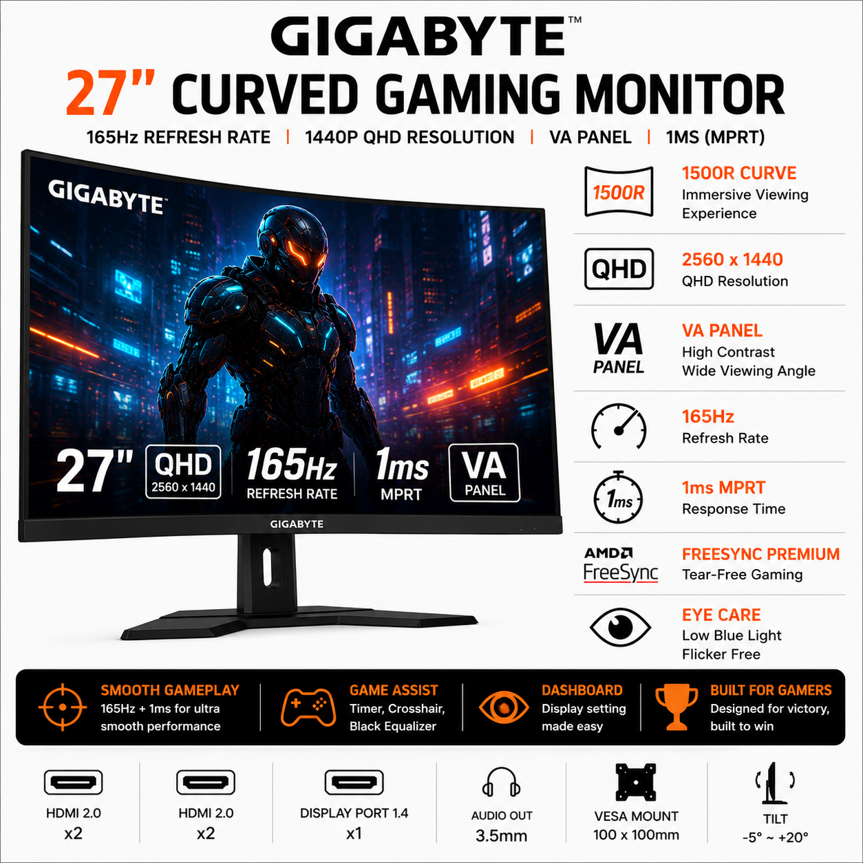 Gigabyte G27QC 27" 165ghz 1440P QHD CURVED VA (GP-G27QC-A)